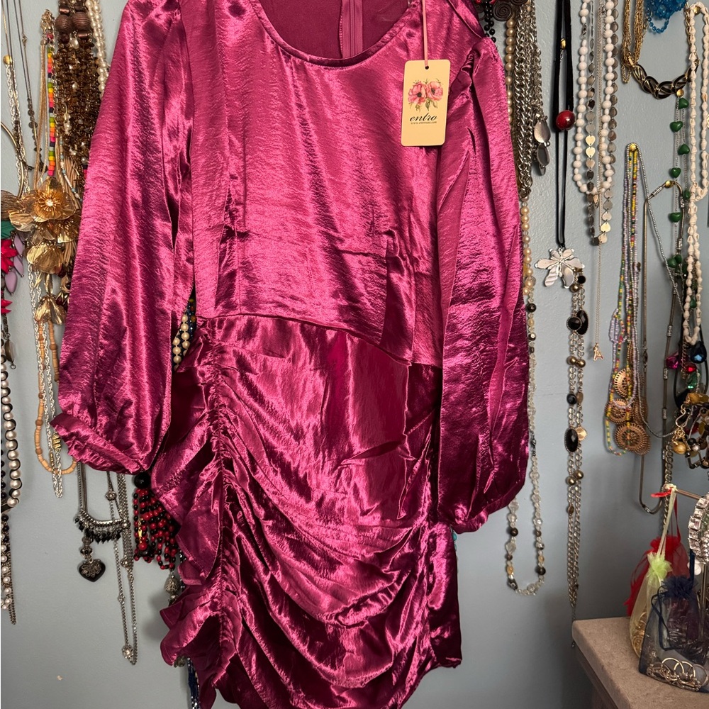 Elegant Satin Ruched Dress in Deep Pink